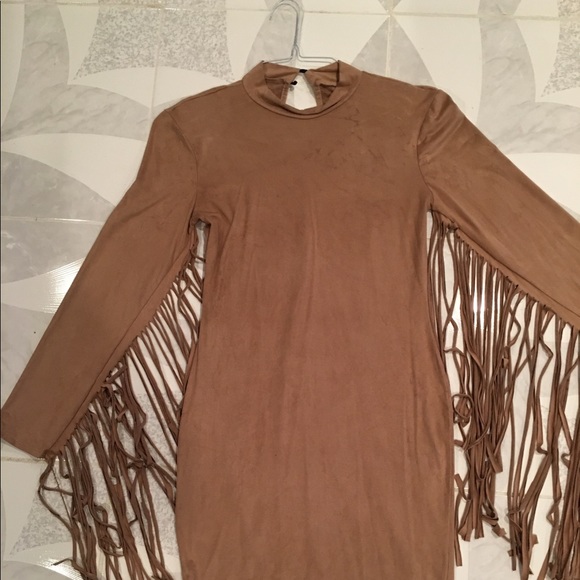 Red Faux Suede Fringed Sleeve Dress - Picture 3 of 3